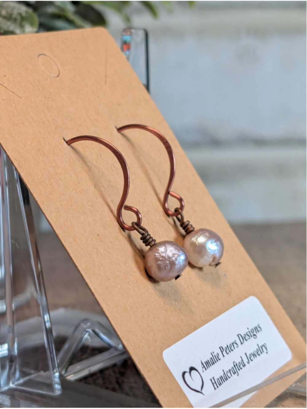 NEW Artisan Copper Hand Wire Wrapped Dainty Drop Pearl Lavender Dangle Earrings - Picture 5 of 6